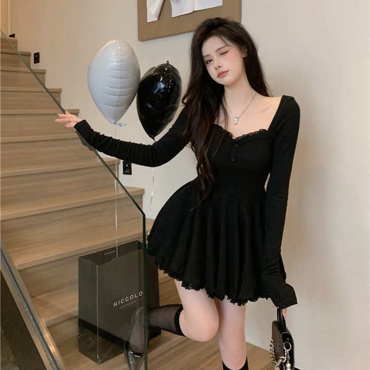 Pure Hot Girl Sexy Lace Dress Women's Spring and Autumn Slimming Tight Waist Small Pleated A- line Bubble Skirt