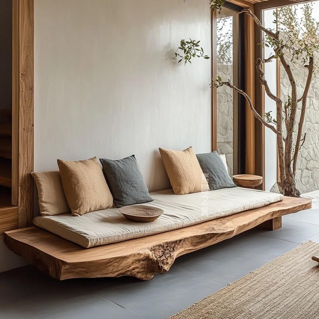 侘寂风原木沙发复古风实木沙发大直排沙发椅中式客厅民宿酒店实木