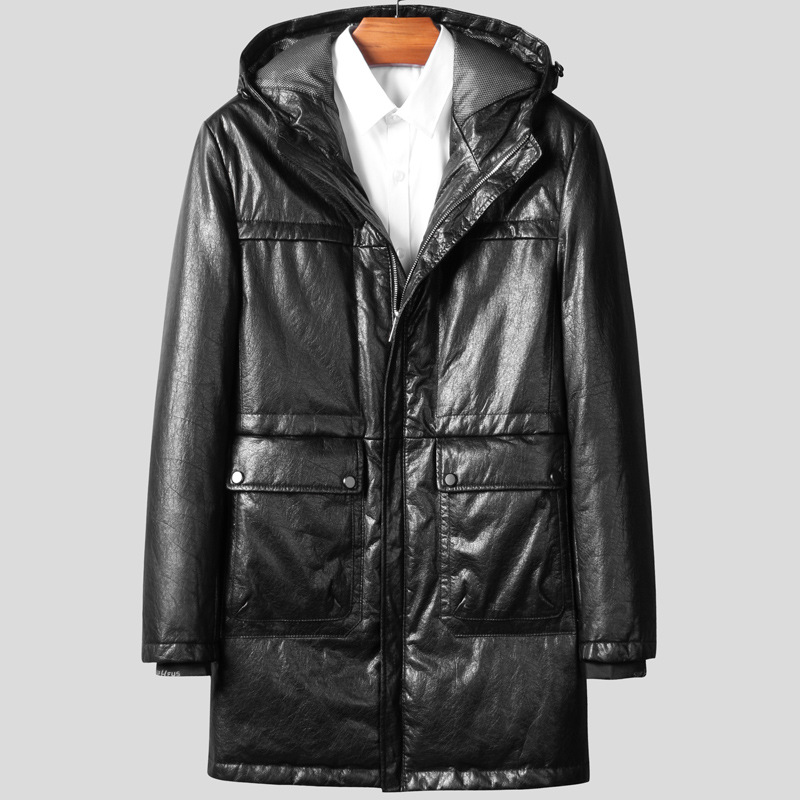 高端真皮男装海宁皮衣男头层牛皮白鸭绒羽绒服连帽皮风衣冬-阿里巴巴