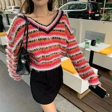 韩国东大门2023冬季女装新款撞色条纹V领套头宽松长袖针织衫毛衣