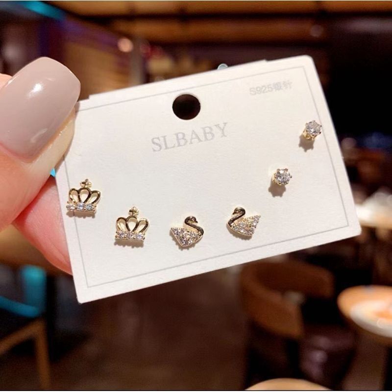 One Card 3 Pairs Suit 925 Imitation Silver Needle Asymmetric Swan Pearl Rhinestone Female Stud Earrings Student Cat's Eye