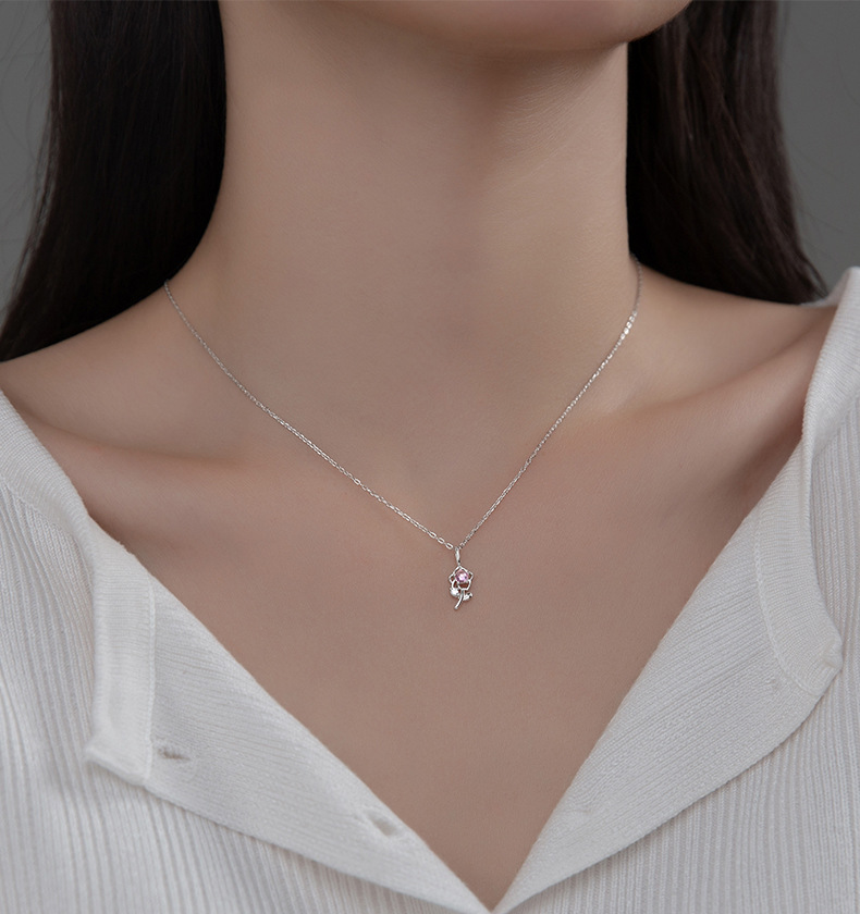 爱洛奇s925银甜美玫瑰花镶嵌小粉钻锁骨链小清新项链颈饰品d9588