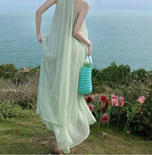 新中式轻国风大裙摆海边沙滩长裙宽松雪纺薄荷绿大理度假连衣裙夏