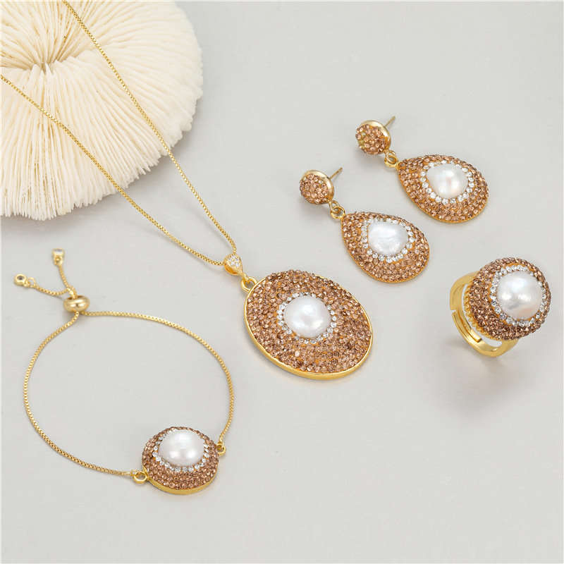 中古首饰套装四件套欧美项链手链耳环戒指镶嵌天然巴洛克珍珠时尚