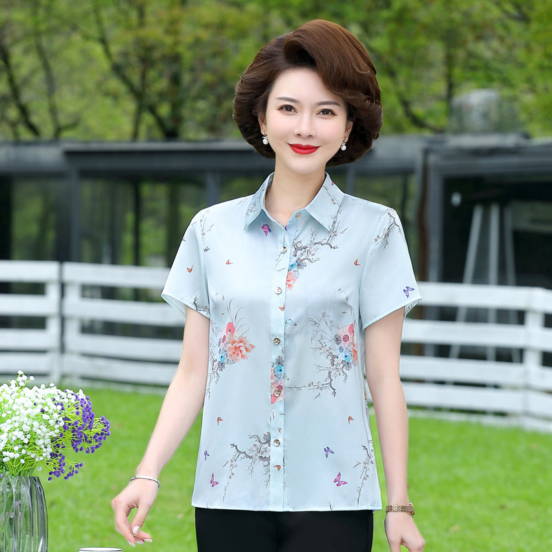 轻奢款杭州真丝衬衫女大牌高档中老年妈妈夏装印花桑蚕丝短袖上衣