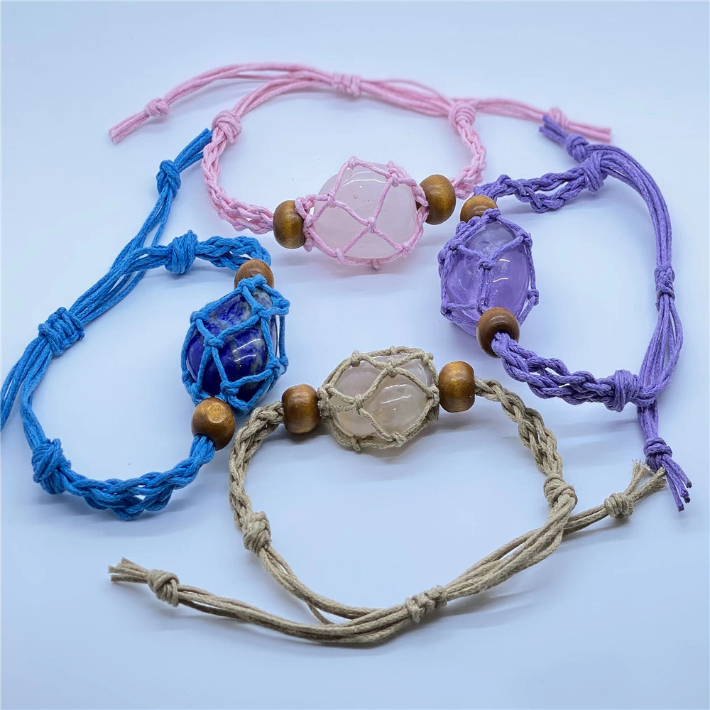 天然石头网兜编织手链手环可调节伸缩网兜手工编织网兜网托网架