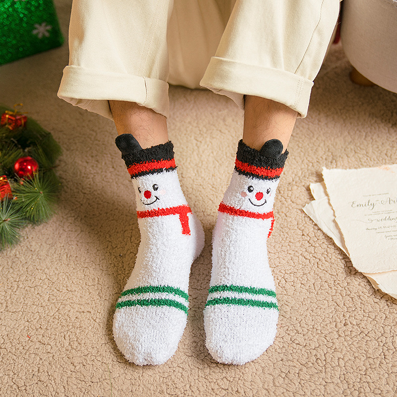 Christmas Socks Autumn and Winter Cartoon Parent-Child Christmas Socks Gift Box Coral Velvet Socks Fleece-Lined Warm Mid-Calf Floor Socks