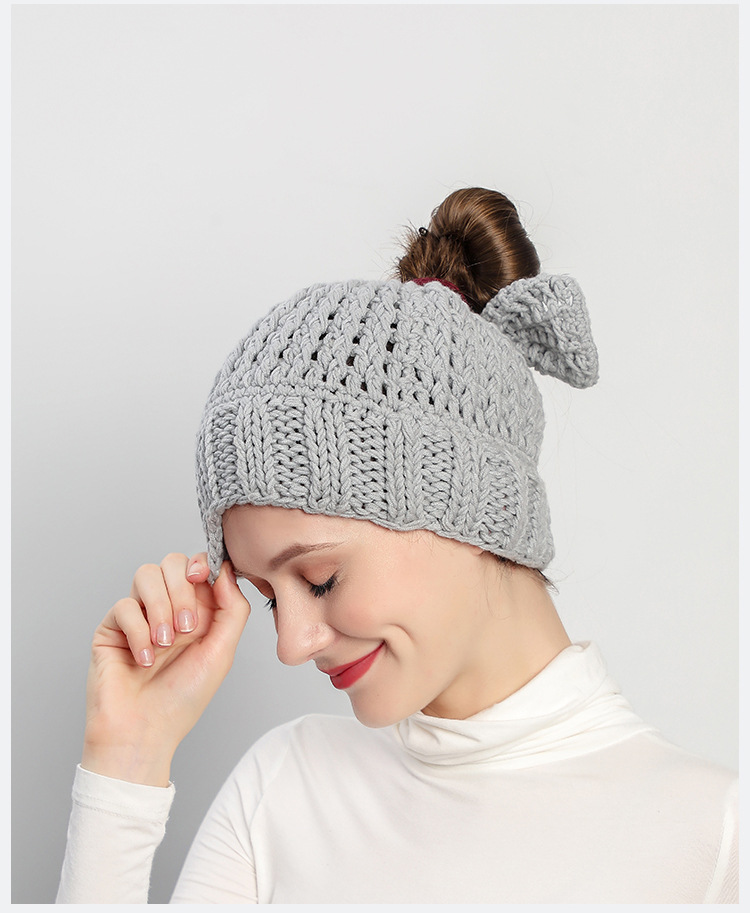 2021秋冬欧美新款手工针织蝴蝶结空顶毛线帽时尚钩织保暖马尾帽