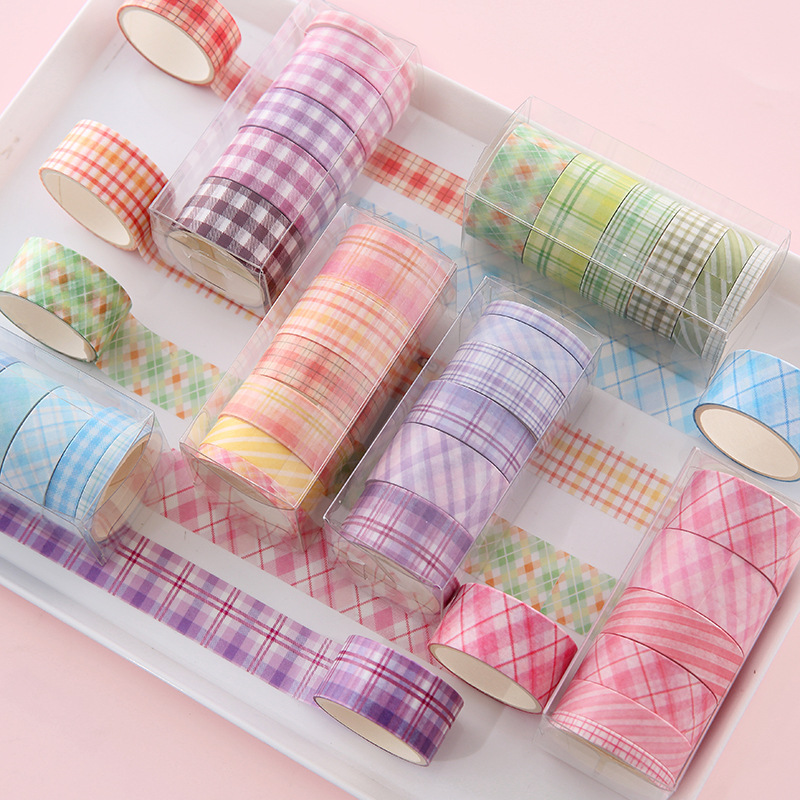 Korean Plaid and Paper Adhesive Tape Set Creative Stationery DIY Plaid Hand Account Handmade Stickers Exclusive for Cross-Border