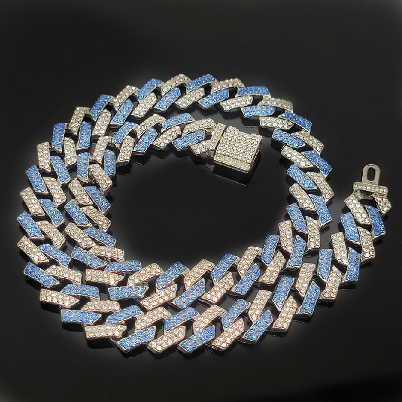 Popular 15mm Small Flip Cover Hiphop Pink Blue Hip Hop Cuban Link Chain Quadrilateral Strip Prismatic Men's Necklace