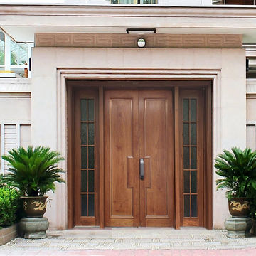 大门农村自建房木别墅豪华加厚原木门室外带玻璃四扇双开门柚木