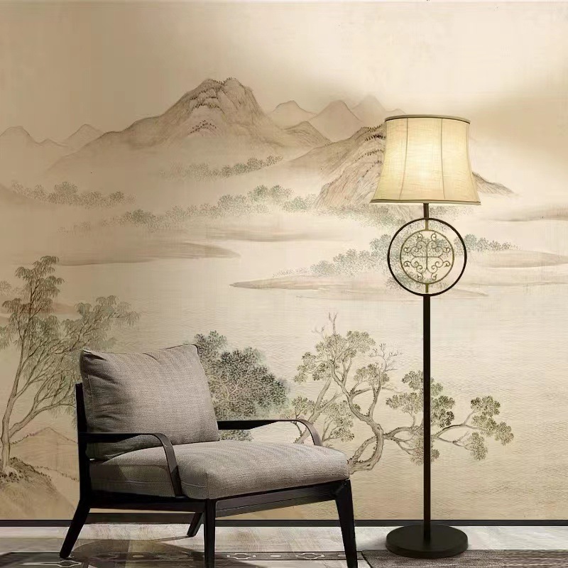2024年新款中式壁纸电视背景墙纸复古风壁布山水画墙布仿刺绣壁画