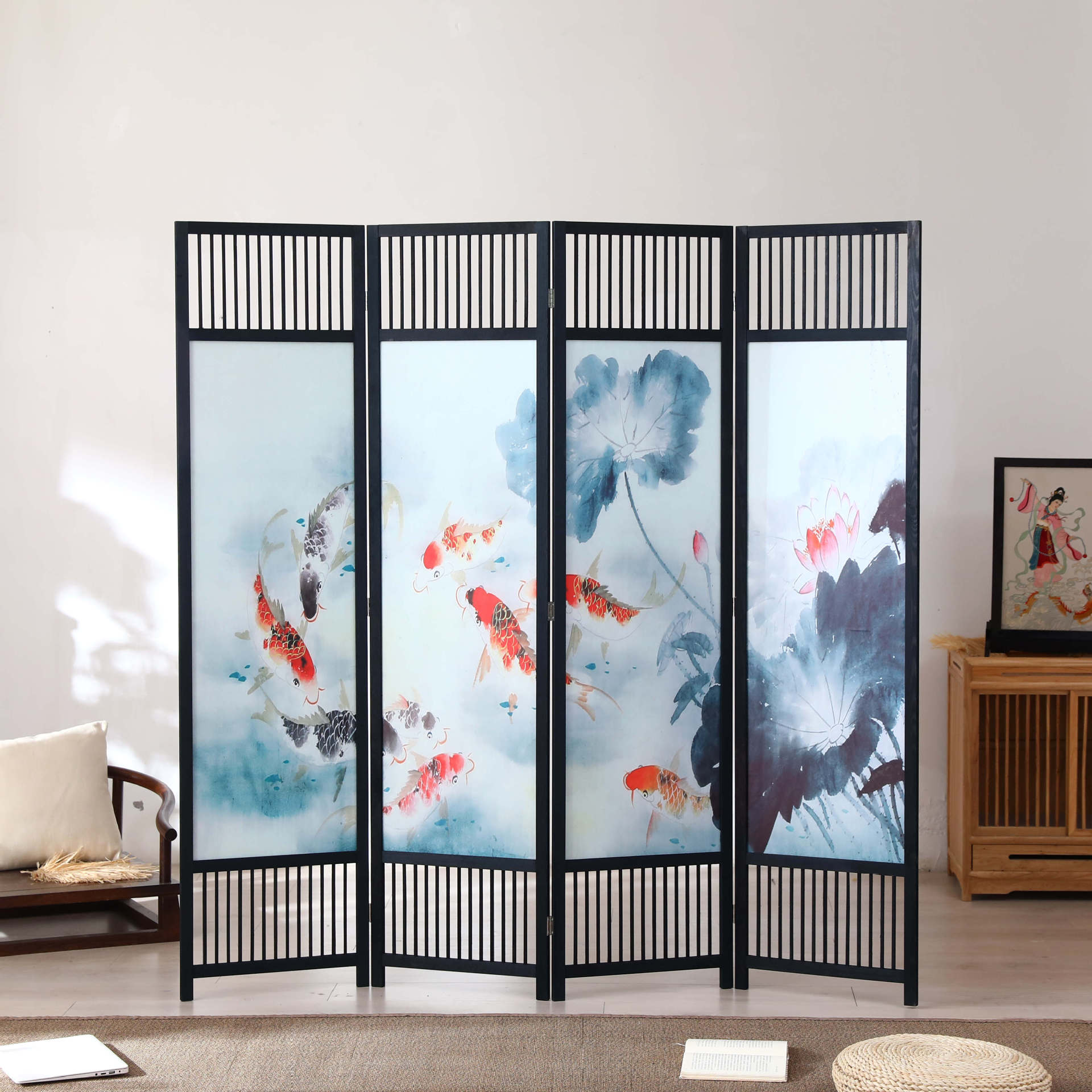 新中式屏风实木隔断折叠移动客厅酒店办公室隔断屏风木格栅隔断墙