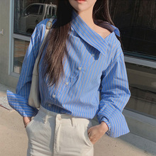 韩国chic春季新款小众设计斜扣条纹衬衫女