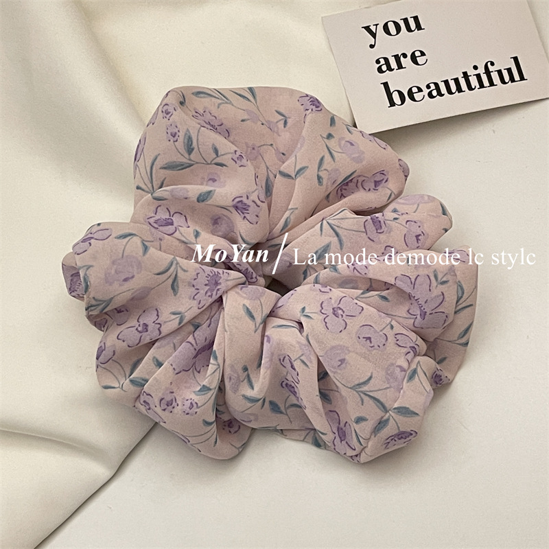 Violet Floral Spring Large Intestine Hair Band Mori Style Vintage Hair Rope Hair Rope Printed Girl's Hair Tie Ponytail Rubber Band