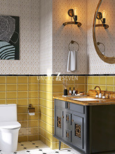 纸醉金迷法式复古花砖黄色仿墙纸瓷砖厨房卫生间干区浴室阳台墙砖