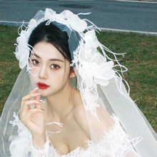 新娘新款韩式蕾丝花朵羽毛头纱超仙发饰婚纱礼服结婚拍照道具