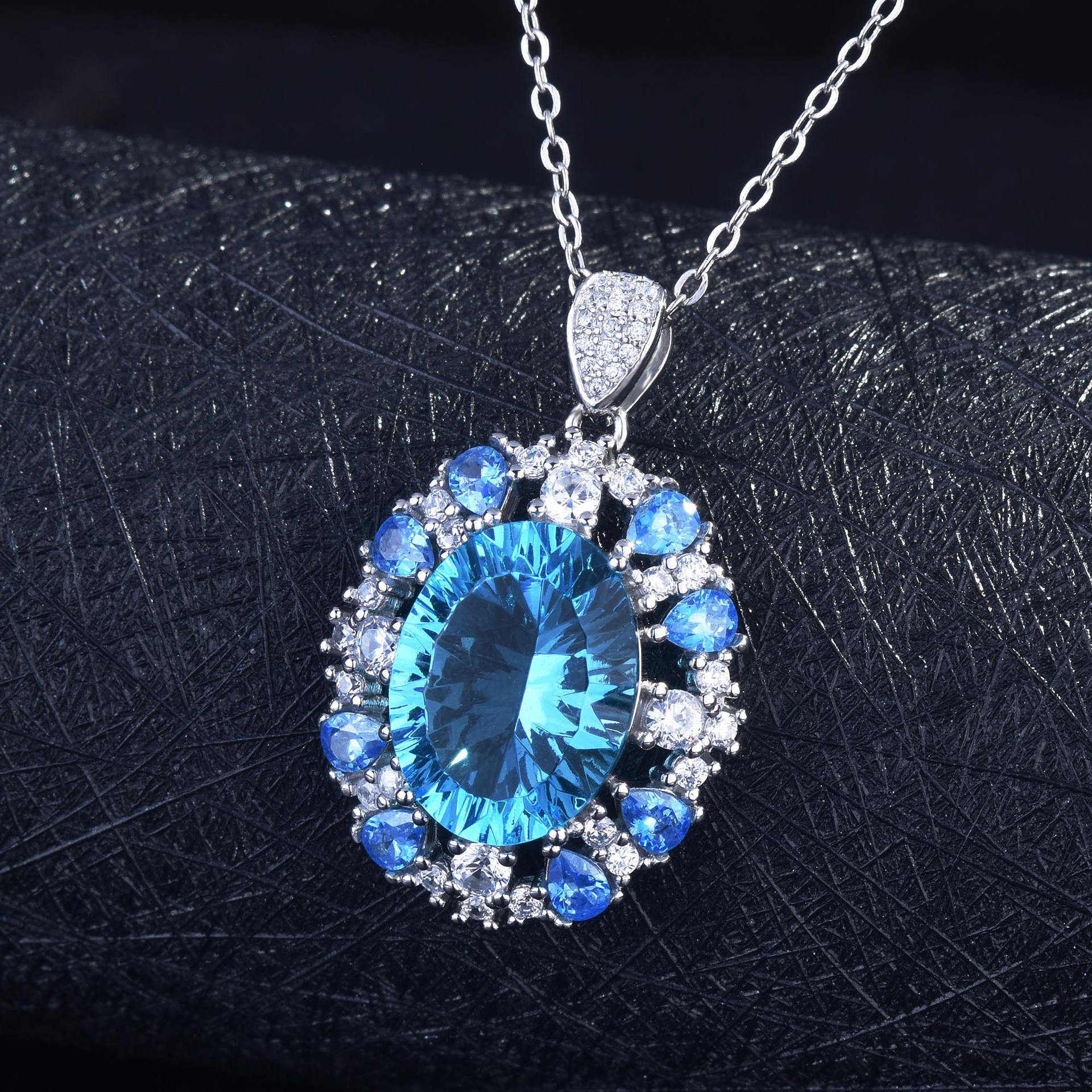 抖音直播高级珠宝套装 千禧切工海蓝宝吊坠紫水晶托帕石彩宝戒指