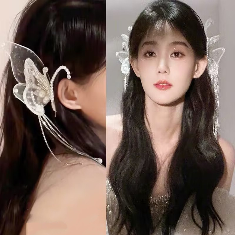 Li Yitong Same Style Tassel Hairpin Women's Pearl Bow Headdress Bridal Wedding Elf Fairy Hair Accessory