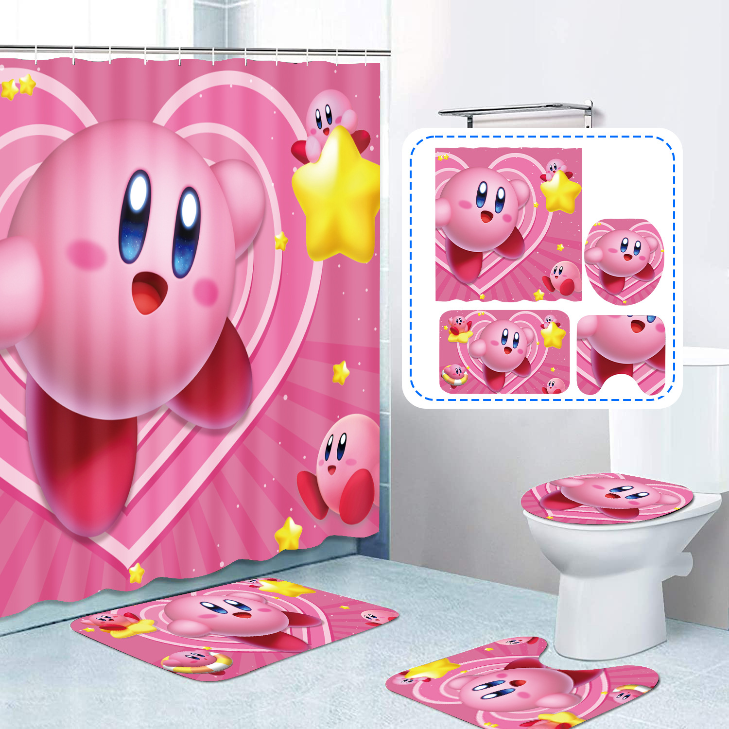 Cross-Border Kirby Kirby Theme Shower Curtain Four-Piece Waterproof Shower Curtain Carpet Non-Slip Mat Toilet Mat Floor Mat