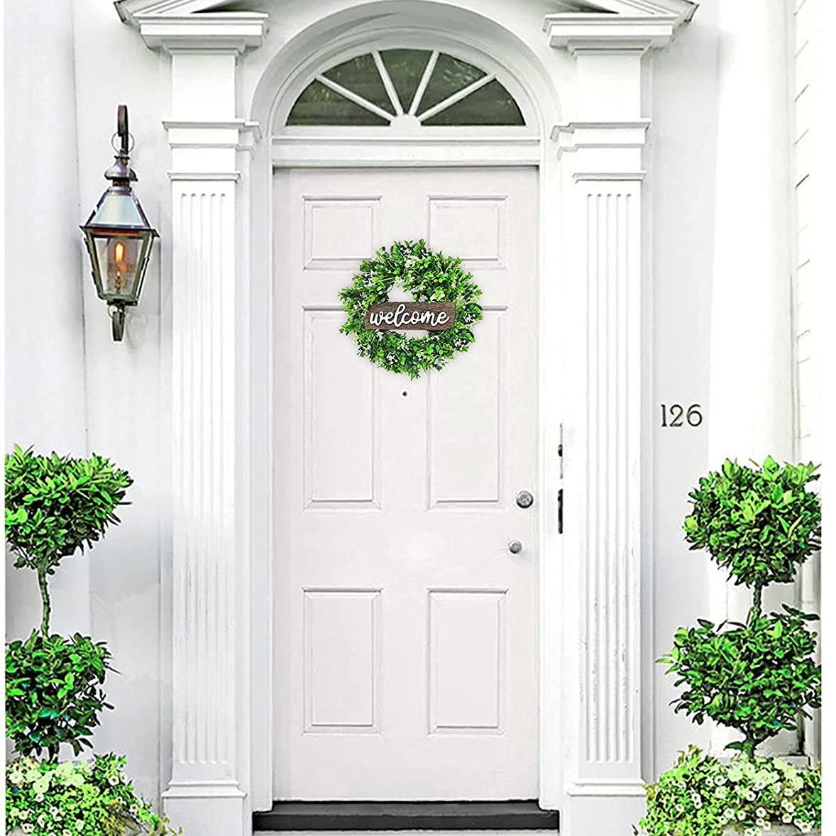 跨境木质welcome仿真花环门饰尤加利花环桉树叶花环金钱叶门牌