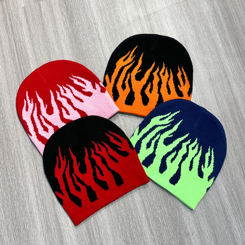 跨境嘻哈火焰提花针织帽欧美流行街头男女保暖毛线帽户外滑雪冷帽