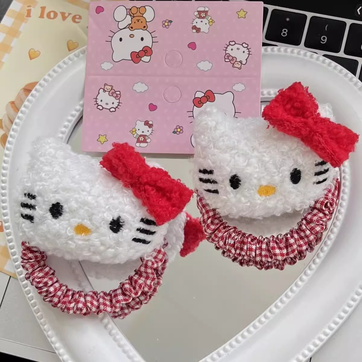可爱甜美卡通红色头绳女孩复古毛绒hellokitty猫卡哇伊发夹发饰女