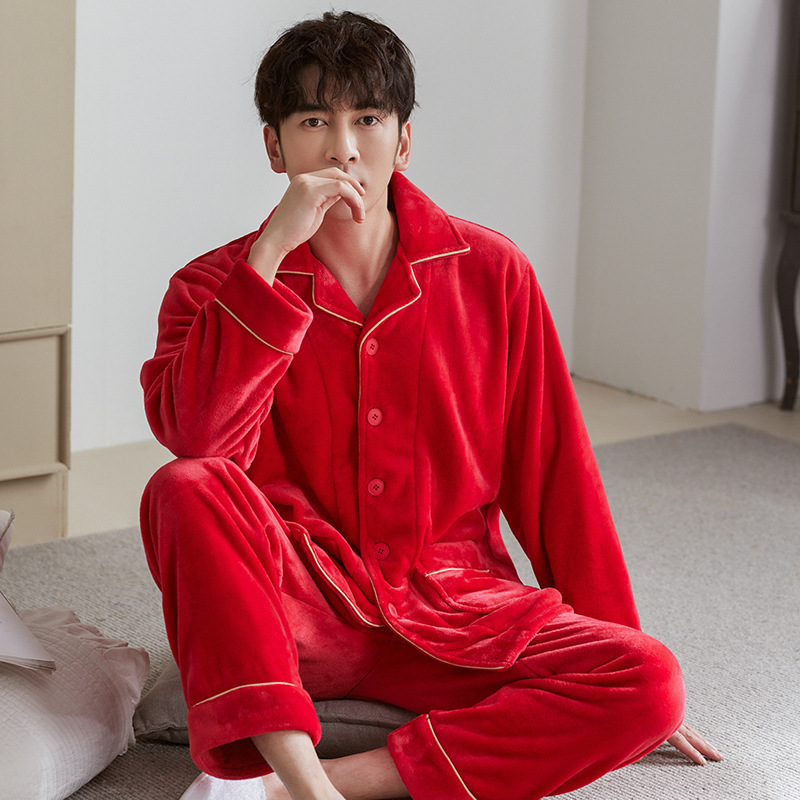 新款法兰绒男士睡衣秋冬季加厚保暖可外穿高档加大码家居服套装