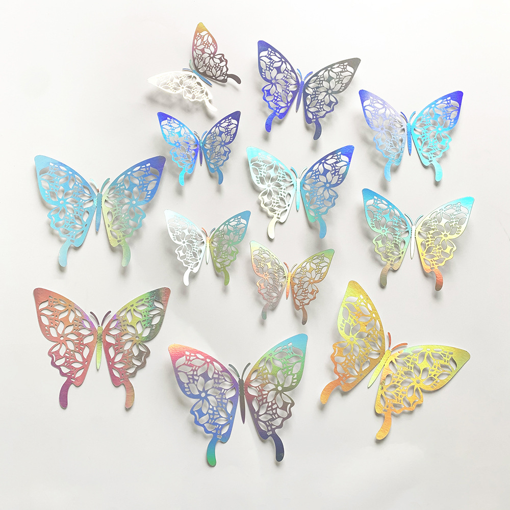 Foreign Trade 12 Pcs Colorful Silver Three-Dimensional Hollow Butterfly Stickers Artistic Home Party Wall Decorative Background Wall Sticker