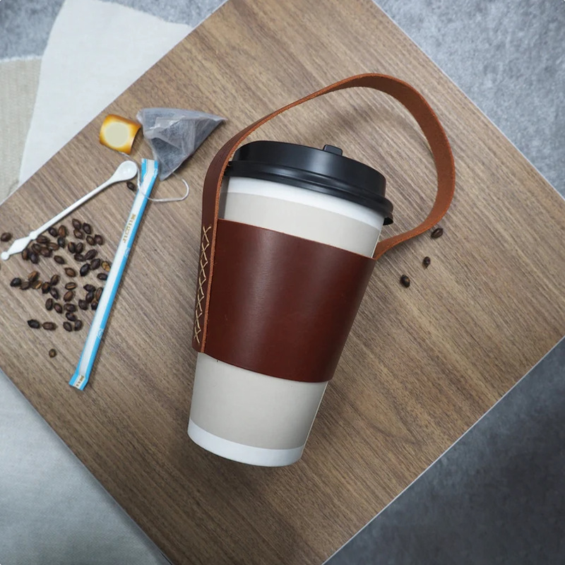 皮革奶茶杯杯套 手冲饮料手提防烫手杯套 手缝线咖啡杯套