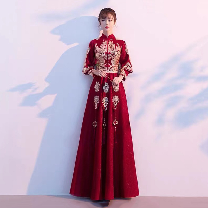 中式敬酒服新娘旗袍2025新款夏季酒红色结婚秀禾服答谢宴礼服裙女