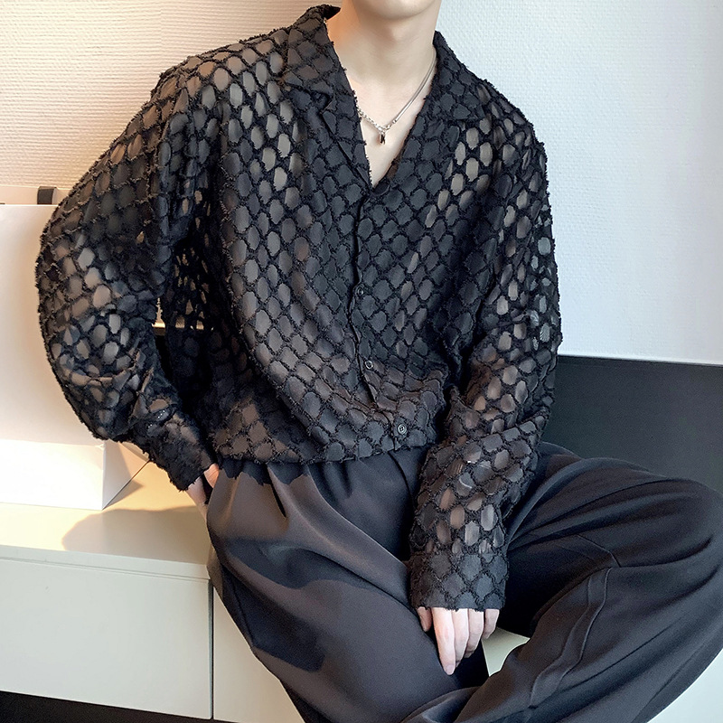 Spring and Autumn Young Abstinence Special-Interest Design Hollow-out Long-Sleeved Shirt Men's Korean-Style Ruan Handsome Drape Very Fairy Hairdresser Shirt