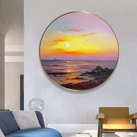纯手绘油画圆形风景装饰画玄关背景墙壁画手工画海边夕阳日出挂画