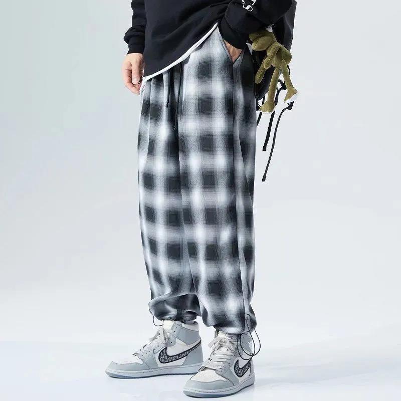 Fat Man Japanese Style Plaid Sports Jogger Pants Men's plus-Sized plus Size Loose All-Match Cropped Straight Pants Casual Pants