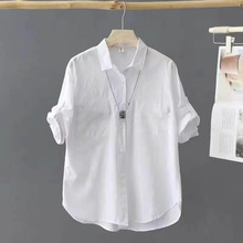 韩版 夏季2024短袖纯色衬衫女棉质减龄衬衣宽松显瘦气质上衣现货