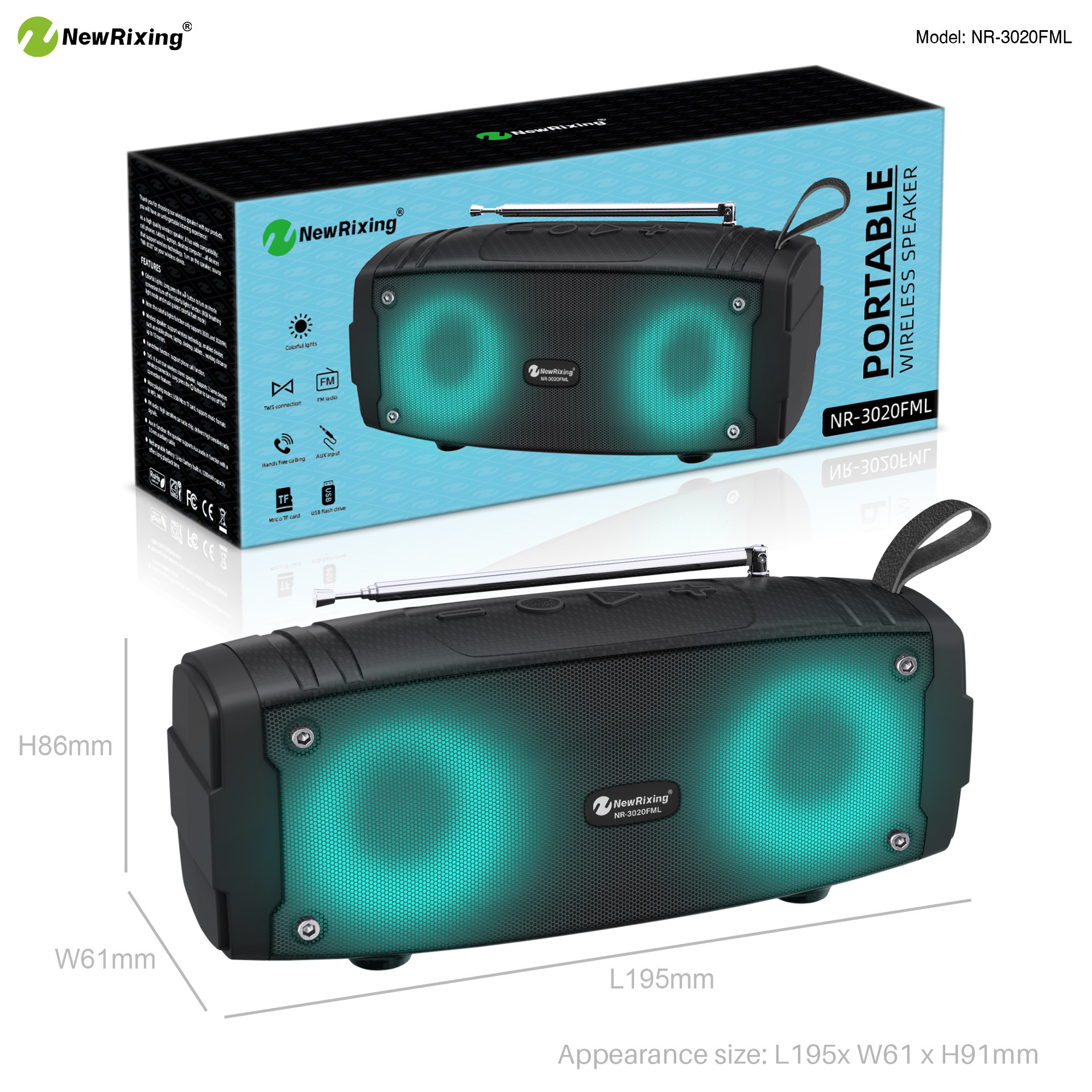 NR-3020FM Portable Colorful Ambience Light Outdoor Wireless Bluetooth Audio Extra Bass Small Speaker