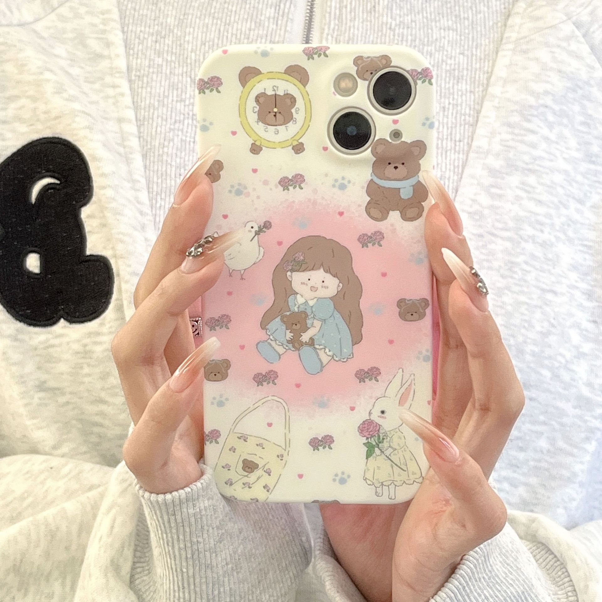 粉色晕染小熊女孩适用iphone14pro max苹果15手机壳13/12磨砂软壳-阿