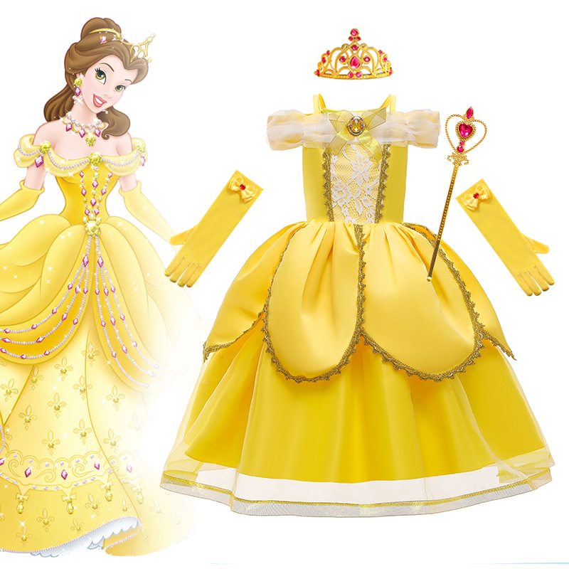 美女与野兽贝儿公主裙女童六一儿童节万圣节贝尔黄色舞会连衣裙