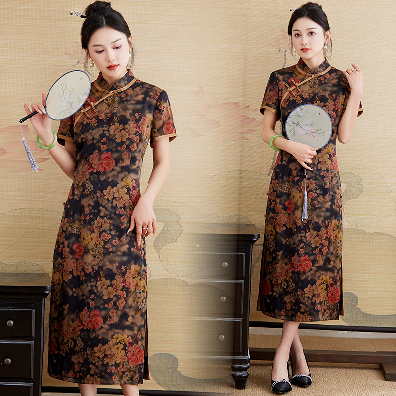夏季新款香云纱设计简约时尚大气中长款专柜品质真丝旗袍连衣裙