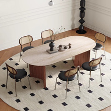 侘寂风实木法式餐桌家用简约洞石岩板小户型椭圆形设计师餐桌中古