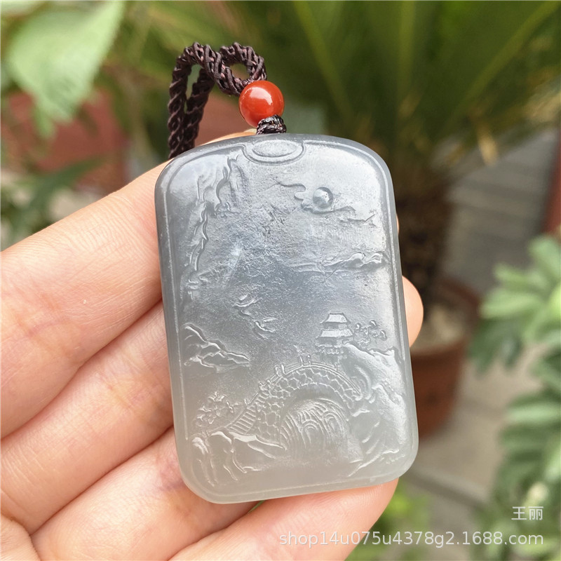 天然和田玉山水牌吊坠 烟紫渐变山水风景牌平安牌男女款挂坠牌子