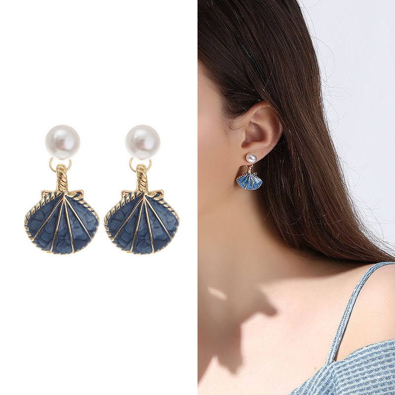 2022年夏款蓝色贝壳珍珠耳环小众设计感优雅甜美耳钉耳饰耳坠批发