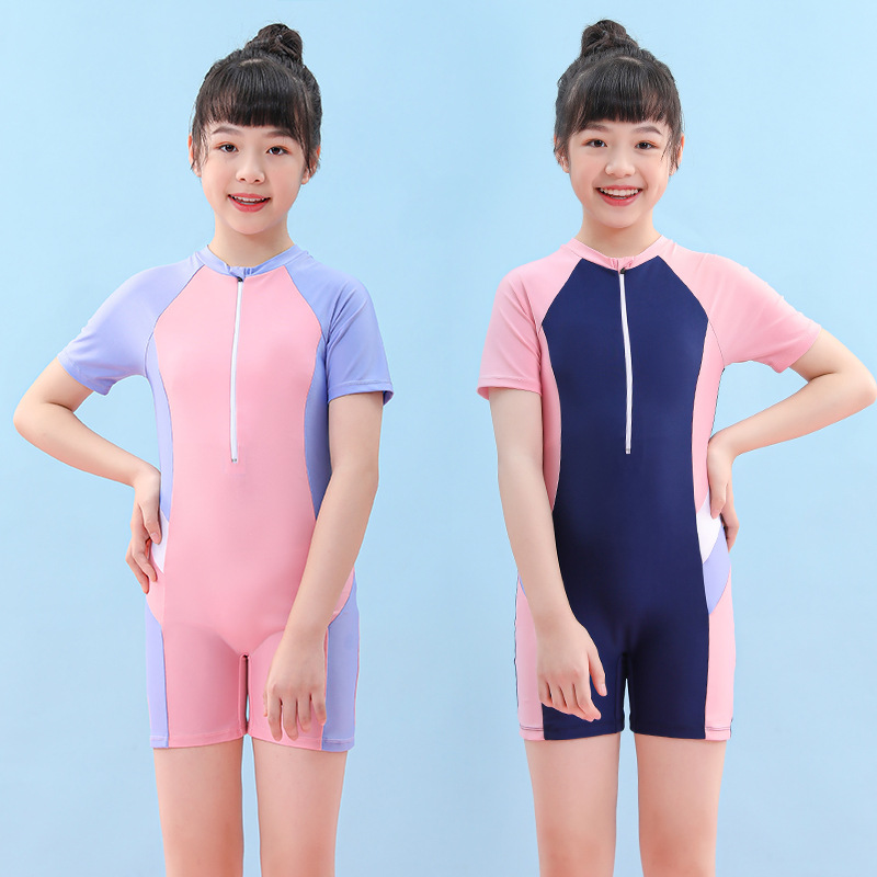 儿童泳衣新款少女运动2023中大童保守防尴尬带胸垫连体青少年泳装