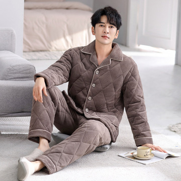 冬季睡衣男三层夹棉袄秋冬款保暖珊瑚绒加厚加绒法兰绒开衫家居服