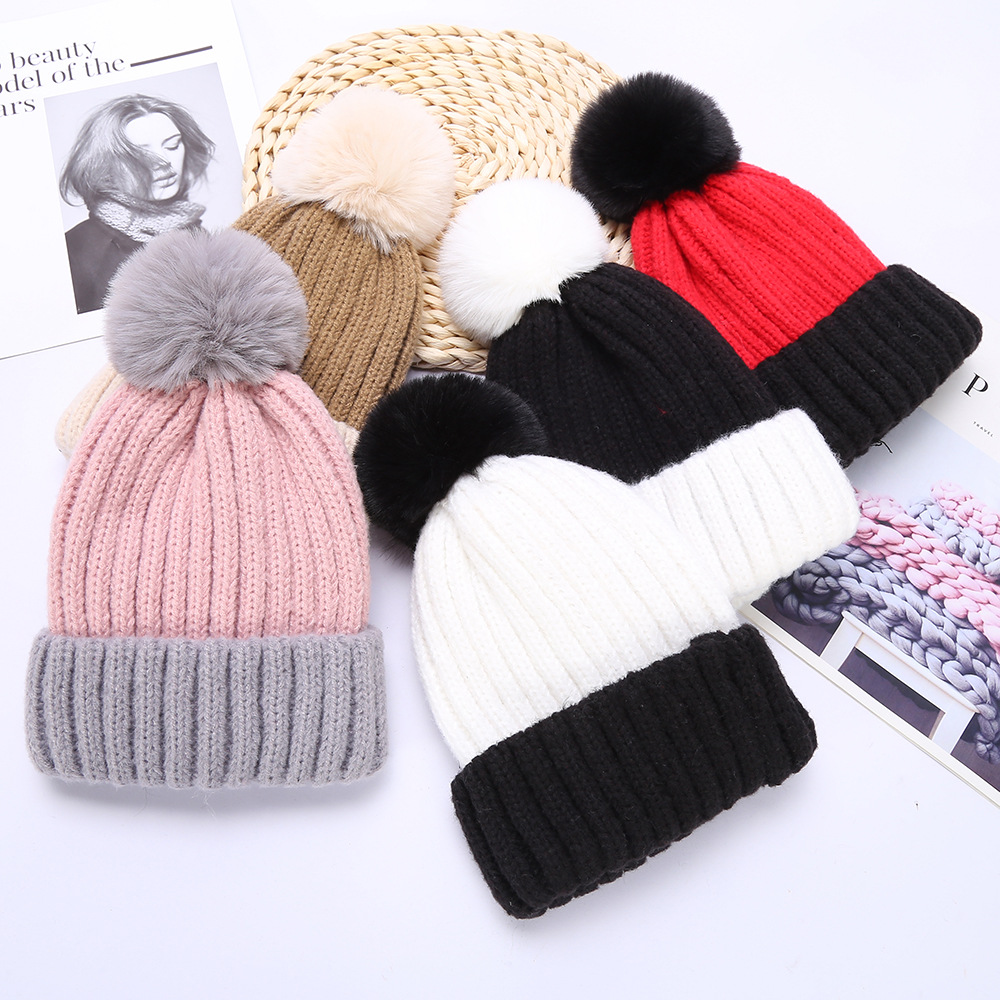 Korean Ins Style Color Matching Fashion Knitted Hat Women's Autumn and Winter Sweet Fluffy Ball Cap plus Velvet Warm Woolen Hat