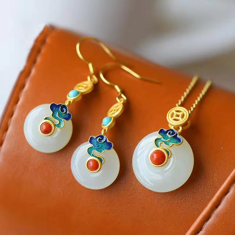 新疆天然金丝玉平安扣祥云珐琅可调节戒指项链耳环三件套首饰女款