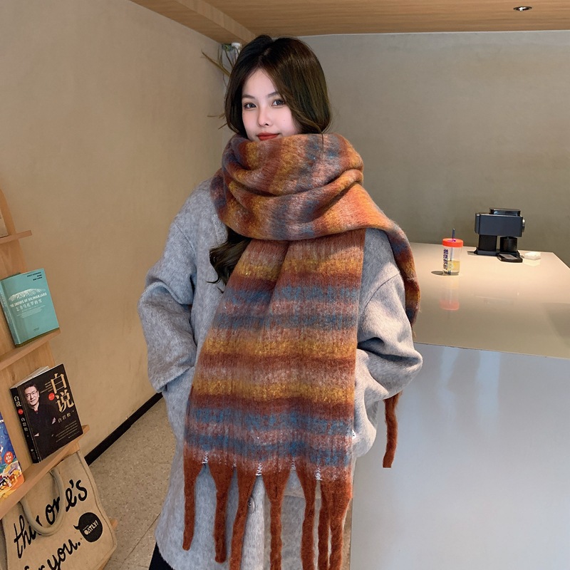 Korean Style Women's Autumn and Winter Retro Gradient Color Striped Artificial Cashmere Scarf Student Scarf Thickened Warm Mohair Cape