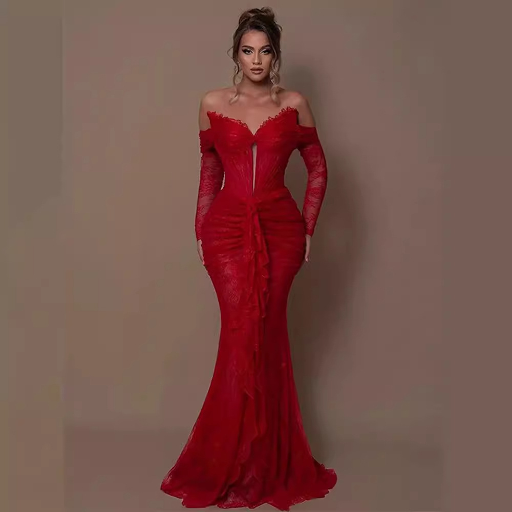 欧美高品质外贸女装新款年会长袖红色绑带蕾丝连衣裙高定晚礼服