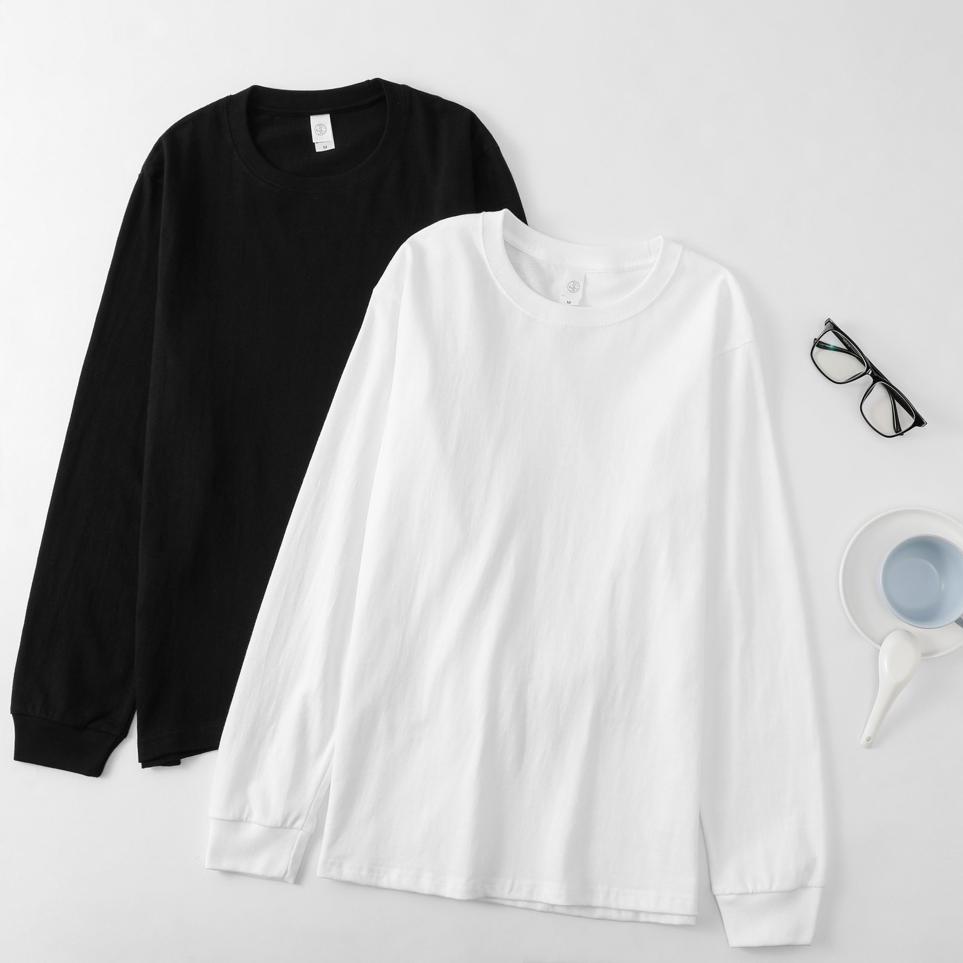 清仓230g白色纯棉t恤长袖重磅全棉宽松圆领纯色打底衫体恤男女款