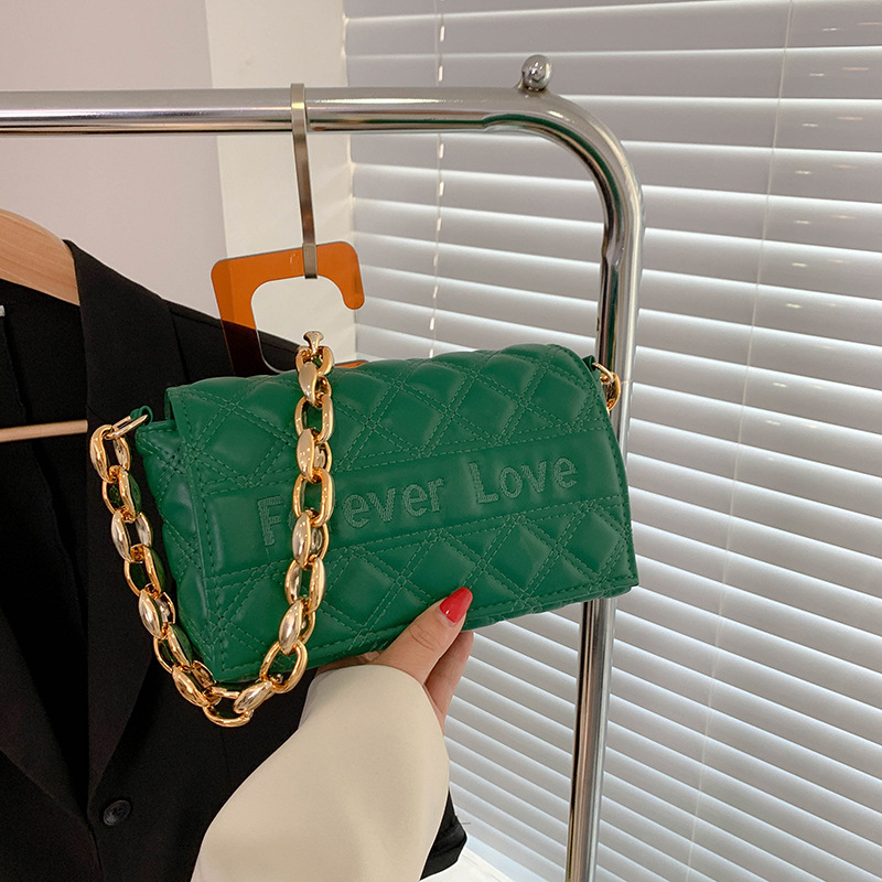 Diamond Pattern Chain Bag Women's Bag 2022 Summer New Solid Color Embroidery Line Small Square Bag Letters Graphic Underarm Shoulder Bag